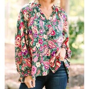 Umgee V-neck Paisley Print Blouse Top Ruffle Balloon Sleeve Womens Size Large